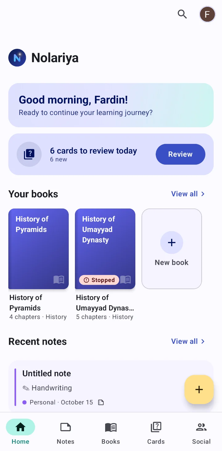 Nolariya home screen: continue reading, six cards to review today, and your study books